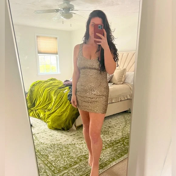 AKIRA Dresses Akira Black Label Gold Sequin Scoop Back Mini